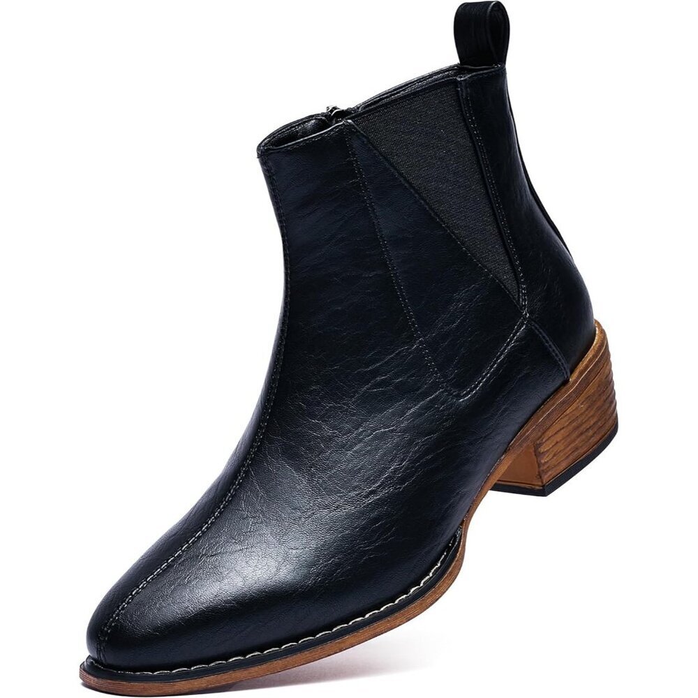 Women's Black Ankle Boots Mid-height Heels Chelsea Zipper Dressy Booties